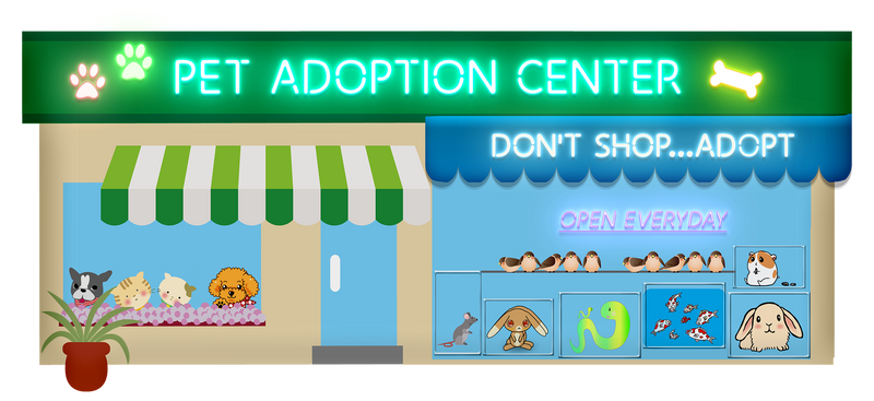 Cartoon style image of a pet adoption center