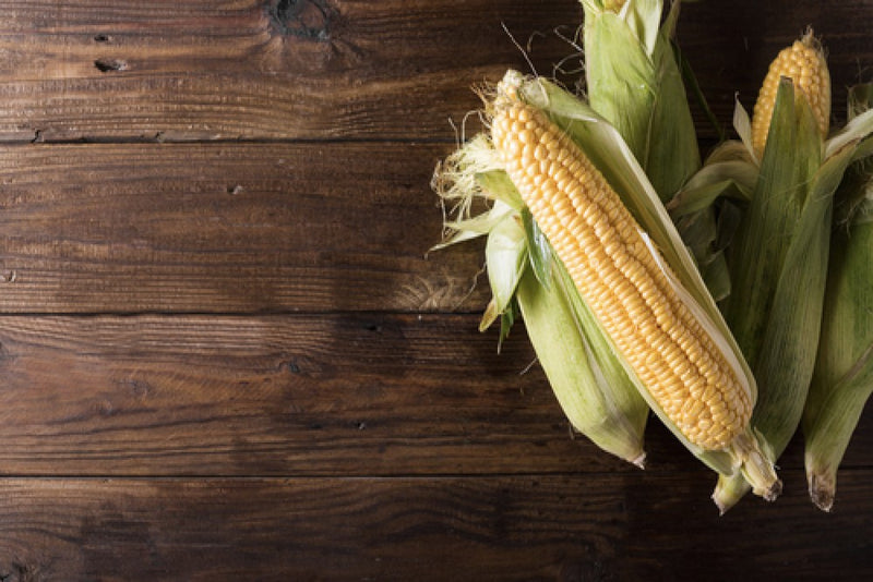 Corn on the cob piled on top wooden surface