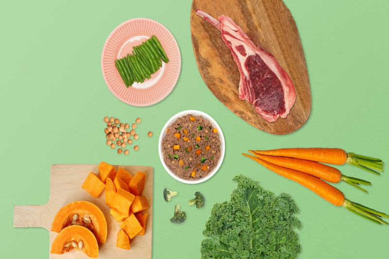 Food spread of raw beef, carrots, kale, chickpeas, green beans, broccoli and bowl of Kabo beef meal