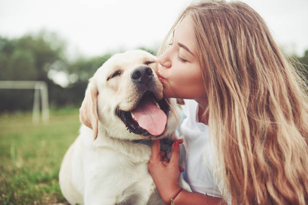 woman kissing her smiling labrador on the cheek