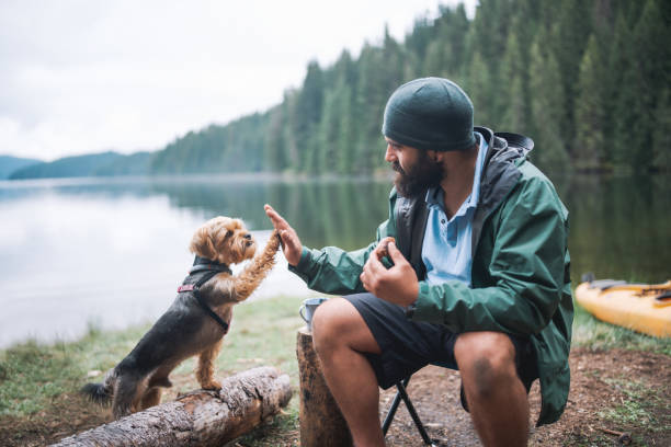 Man with a beard high fiving his terrier while out on the lake