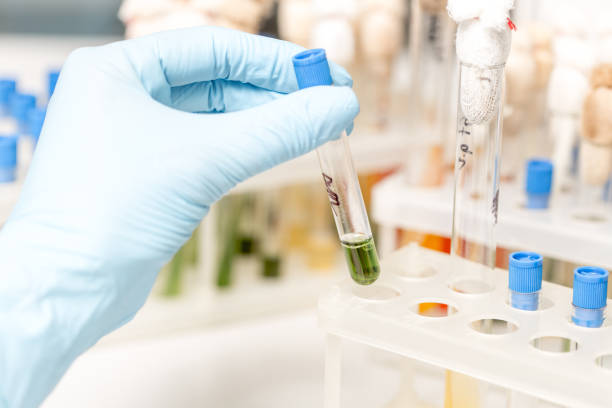Scientist holding test tube with green liquid