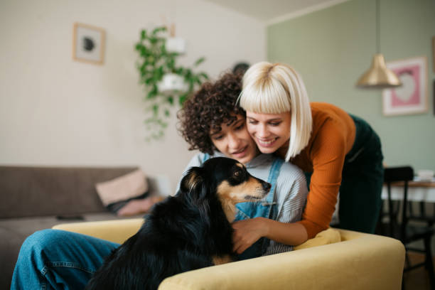 Dachshund sitting on the couch with their owners in their condo/apartment